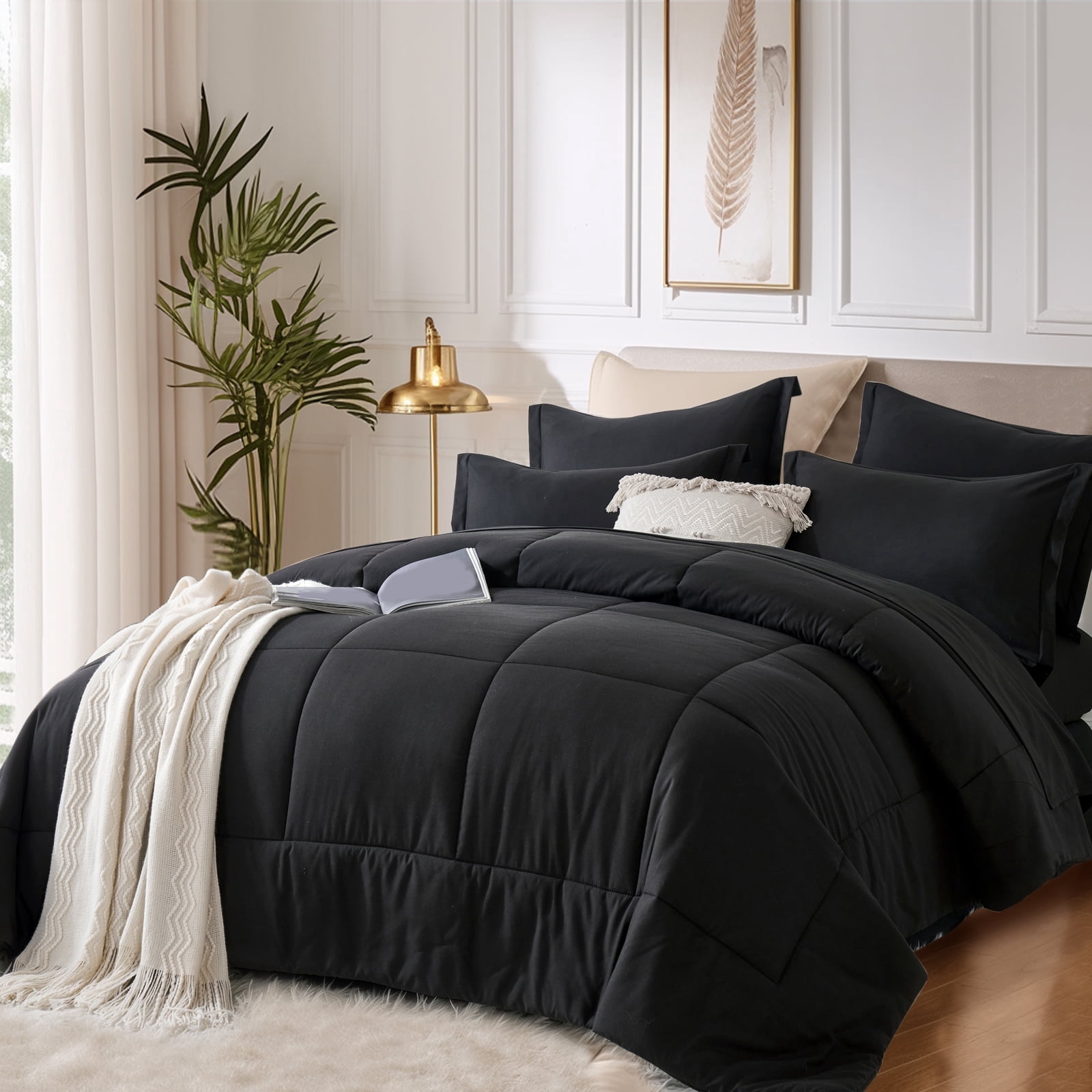 Davulos Queen Comforter Set Black - Bed in a Bag Queen Size 7 Pieces ...