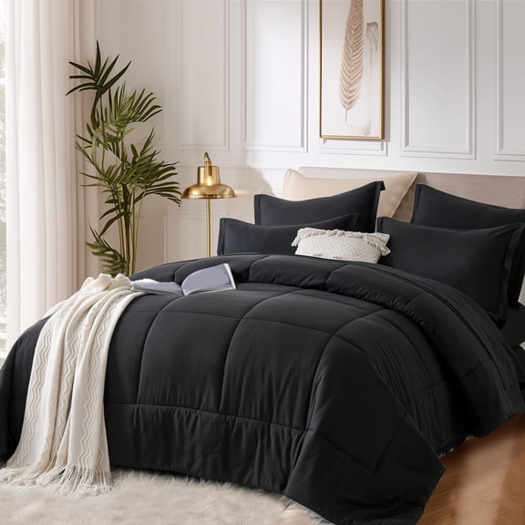Davulos Queen Comforter Set Black - Bed in a Bag Queen Size 7 Pieces, Box Stitched Luxury Soft Bed Set for All Seasons, Bedding Set with Comforter, Sheets, Pillowcases & Shams