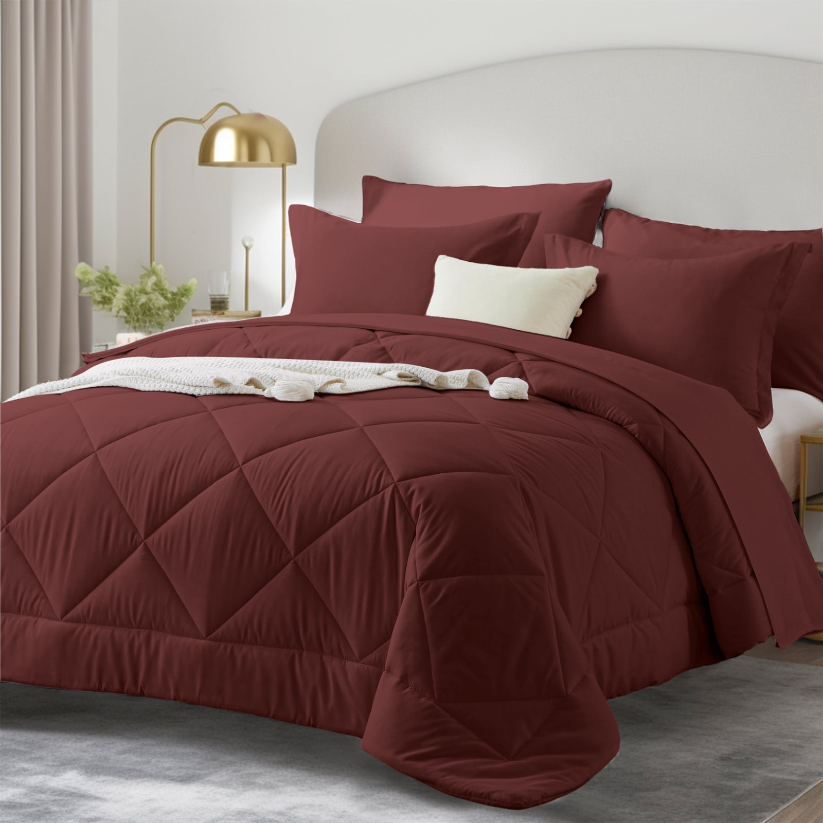 Davulos Queen Comforter Set Burgundy,7 Pieces Bed in a Bag Queen Size ...