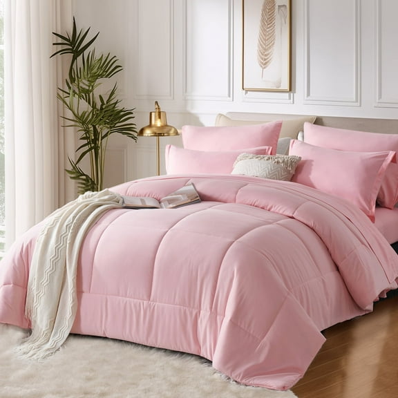 Davulos Queen Comforter Set Pink - Bed in a Bag Queen Size 7 Pieces, Box Stitched Luxury Soft Bed Set for All Seasons, Bedding Set with Comforter, Sheets, Pillowcases & Shams