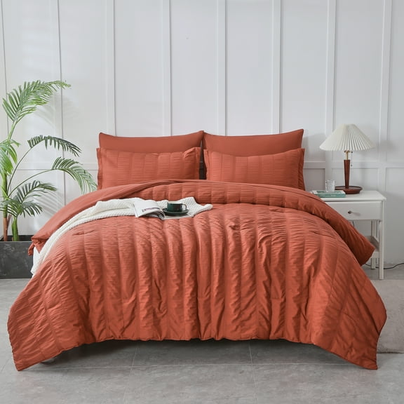 Davulos Queen Comforter Set Seersucker 7 Pieces, All Season Luxury Boho Bed in a Bag for Bedroom, Shabby Chic Bedding Set with Comforters, Sheets, Pillowcases & Shams