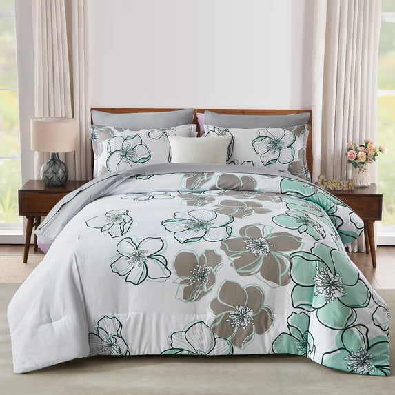 Davulos Queen Comforter Set with Sheets,7 Piece Bed in a Bag Green Floral Bedding Sets for Women Bedroom