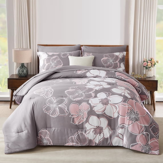 Davulos Queen Comforter Set with Sheets,7 Piece Bed in a Bag Pink Floral Bedding Sets for Women Bedroom