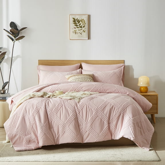 Davulos Queen Comforter Set with Sheets,7 Pieces Pink Bed in a Bag Queen Size Modern Diamond Pattern Seersucker Bedding Set for All Season