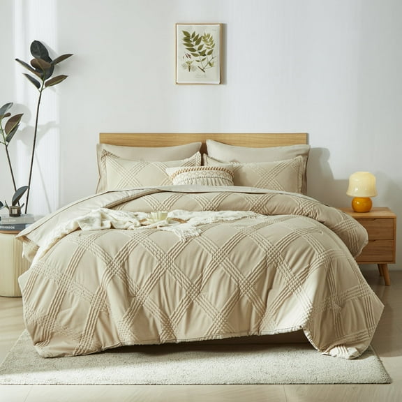 Davulos Queen Comforter Set with Sheets Khaki,7 Pieces Bed in a Bag Queen Size Modern Diamond Pattern Complete Bedding Set for All Season