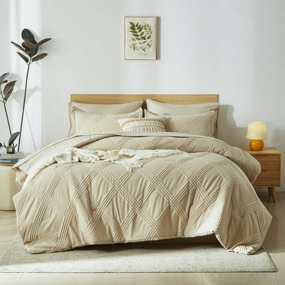 Davulos Queen Comforter Set with Sheets Khaki,7 Pieces Bed in a Bag Queen Size Modern Diamond Pattern Complete Bedding Set for All Season