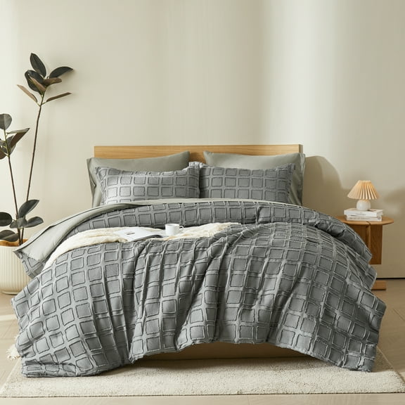 Davulos Queen Comforter Sets Grey,3 Pieces Boho Bed in a Bag Shabby Chic Checkered Pattern Complete Bedding Sets for All Seasons(1 Comforter,2 Pillow Shams)