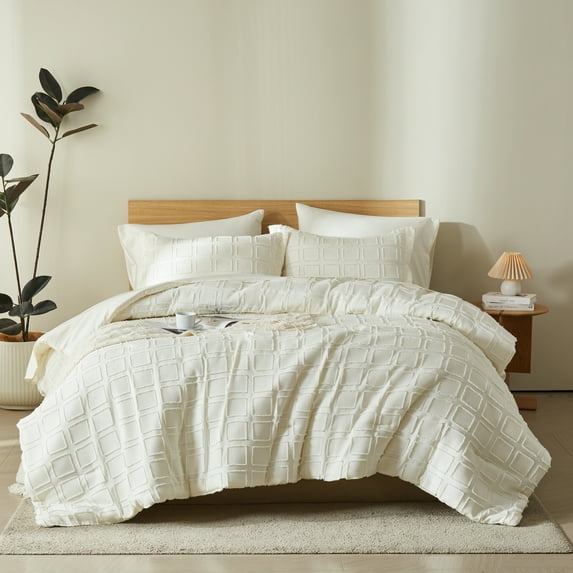 Davulos Queen Comforter Sets White,3 Pieces Boho Bed in a Bag Shabby Chic Checkered Pattern Complete Bedding Sets for All Seasons(1 Comforter,2 Pillow Shams)