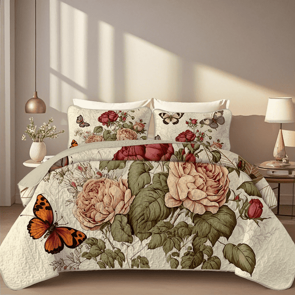 Davulos Queen Quilt Set ,Floral Quilt Bedding Set 3 Pieces Lightweight Bedspread Bed Coverlet with 2 Pillow Shams for Women Bedroom