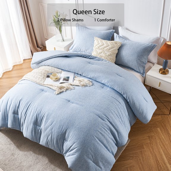 Davulos Queen Size Comforter Set - 3 Pieces Light Blue Soft Luxury Cationic Dyeing Bedding Comforter For All Season, Breathable Lightweight Fluffy Bed Set with 1 Comforter and 2 Pillow Shams