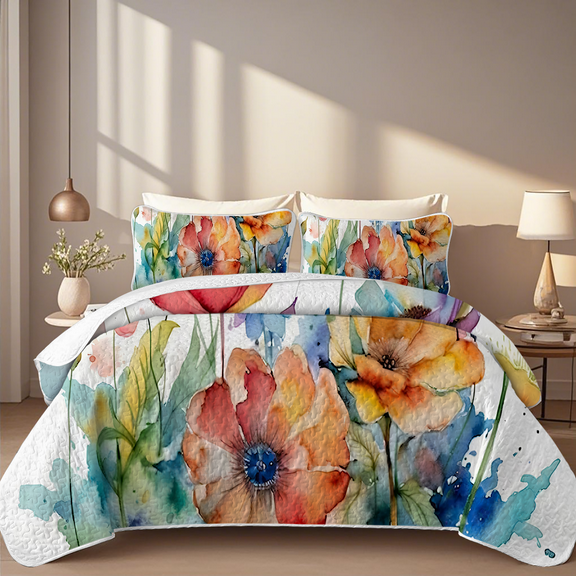 Davulos Quilt Set Full Queen Size,Soft Microfiber Thin Quilts with 2 Pillow Shams,Floral Print Bedspreads Coverlets Bedding Set for All Seasons,96"x90"