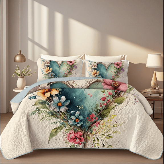 Davulos Quilt Set Queen Size Heart Shape Flower Pattern Bedding Set Soft Microfiber Lightweight Bedspread Coverlet for All Season with 1 Quilt 2 Pillow Sham