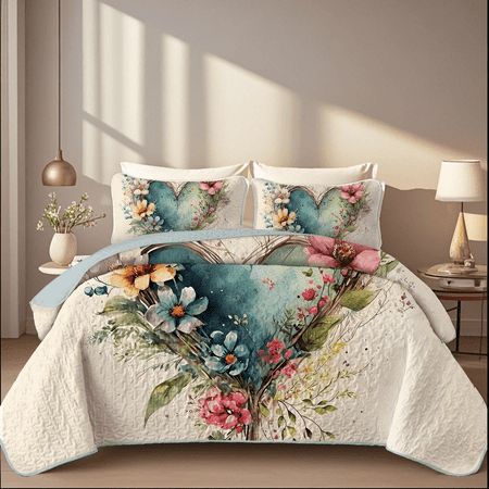 Davulos Quilt Set Queen Size Heart Shape Flower Pattern Bedding Set Soft Microfiber Lightweight Bedspread Coverlet for All Season with 1 Quilt 2 Pillow Sham