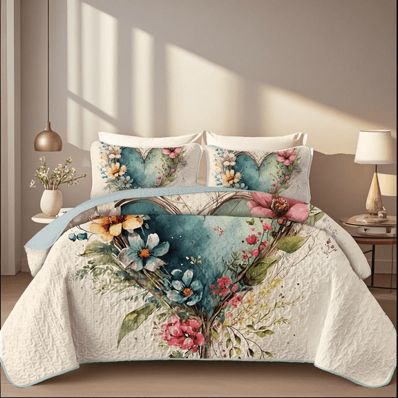 Davulos Quilt Set Queen Size Heart Shape Flower Pattern Bedding Set Soft Microfiber Lightweight Bedspread Coverlet for All Season with 1 Quilt 2 Pillow Sham