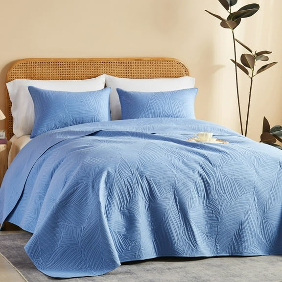 Davulos Quilts for Queen Bed Denim Blue Bedspreads 3 Pieces Soft Bed Summer Lightweight Bedspread Comforter Leaf Pattern Coverlet for All Season(1 Quilt, 2 Pillow Shams)