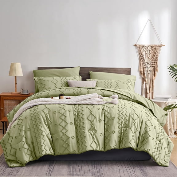 Davulos Sage Green Comforter Set,7 Piece Beds in a Bag King Size Boho Bedding Sets Shabby Chic Comforter with Sheet for All Seasons