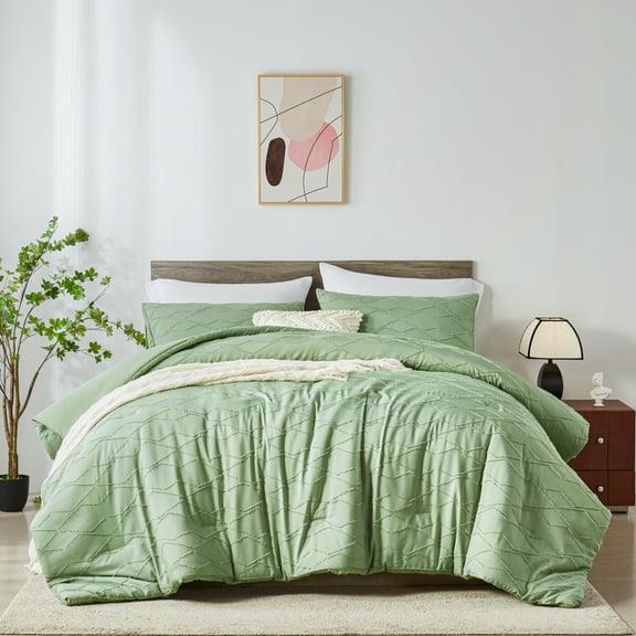 Davulos Sage Green Tufted Comforter Set Queen Size 7 Piece Bed in a Bag Shabby Chic Boho Comforter and Sheet Set,All Season Soft Microfiber Geometric Bedding Sets