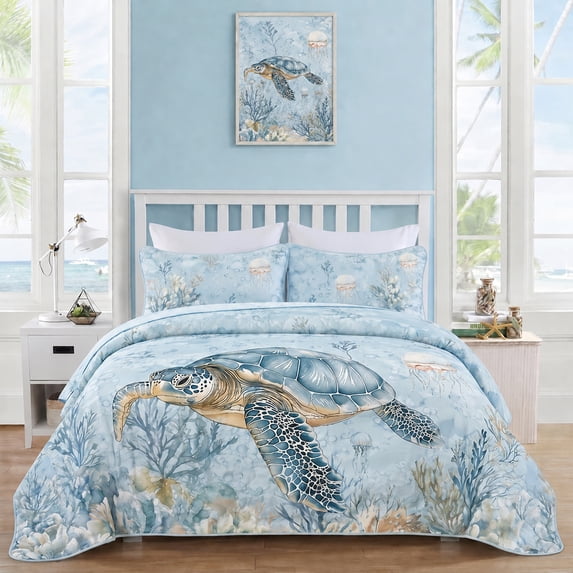 Davulos Sea Turtle Bedding Quilt Set Twin Size,2 Piece Ocean Beach Coastal Bedspread Coverlet with Shams Summer Comforter Set for Kid Boys and Girls Bedroom Decor