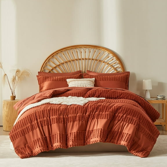 Davulos Tufted Comforter Set 7 Pieces Bed in a Bag Queen Size Shabby Chic Boho Comforter and Sheet Set with Pom Pom Textured Complete Bedding Set (Burnt Orange,Queen)