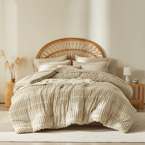 Davulos Tufted Comforter Set 7 Pieces Bed in a Bag Queen Size Shabby Chic Boho Comforter and Sheet Set with Pom Pom Textured Complete Bedding Set (Khaki,Queen)