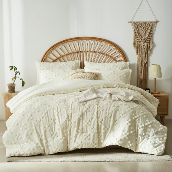 Davulos Tufted Comforter Set King Size 3 Pieces Beige Bed in a Bag King Shabby Chic Boho Bedding Sets with Comforter, 2 Pillowcase