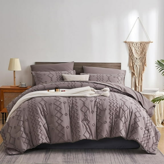 Davulos Tufted Comforter Set King Size 7 Piece Bed in a Bag ,Gray Shabby Chic Boho Comforter with Sheet for Adult Women Soft Microfiber Complete Bedding