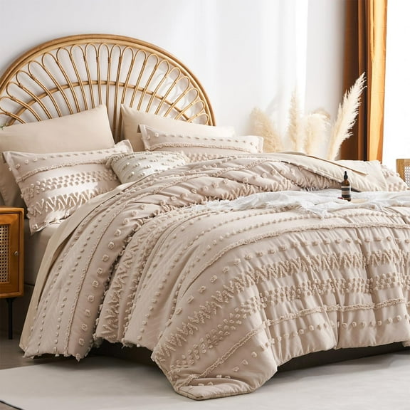 Davulos Tufted Comforter Set Queen Size,Khaki Bed in a Bag 7 Pieces Shabby Chic Boho Bedding Sets with 1 Comforter,2 PillowShams,2 Pillowcases,1 Flat Sheet,1 Fitted Sheet