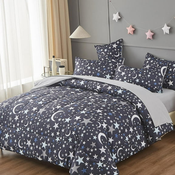 Davulos Twin Comforter Set 4 Pieces Bed in a Bag Stars and Moon Bedding Set for Adults Teens,Twin Size Bed Set for All Seasons with Comforter, Sheets, Pillowcases
