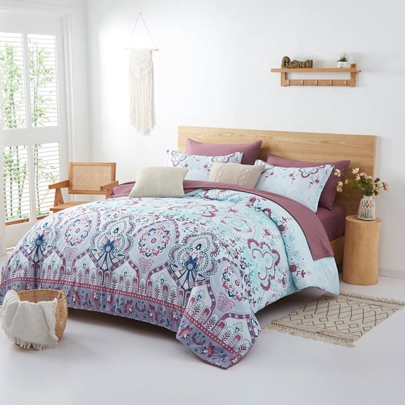 Davulos Twin Comforter Set 5 Piece Bed in a Bag , Floral Complete Bedding Set for All Season Breathable Bohemian Comforter with Sheets Room Decor