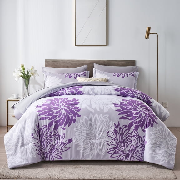 Davulos Twin Comforter Set 5 Piece Purple Bed in a Bag Floral Comforter Set with Sheets Botanical Floral Bed Set Reversible Soft Microfiber Complete Bedding Set for All Season