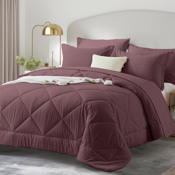 Davulos Twin Comforter Set with Sheets Dusty Plum,5 Pieces Bed in a Bag Twin All Season Bed Set Complete Diamond Quilted Bedding Set for Bedroom