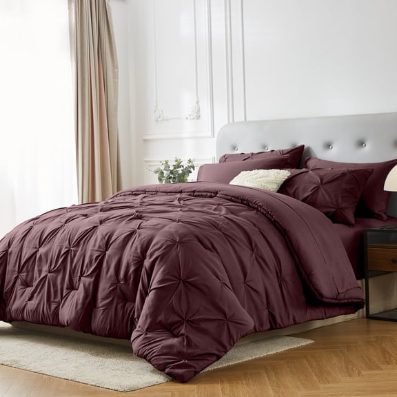 Davulos Twin Comforter Set with Sheets Dusty Plum,5 Pieces Pintuck Bed in a Bag Twin Bed Set for Man Women Pinch Pleat Bedding Set All Season