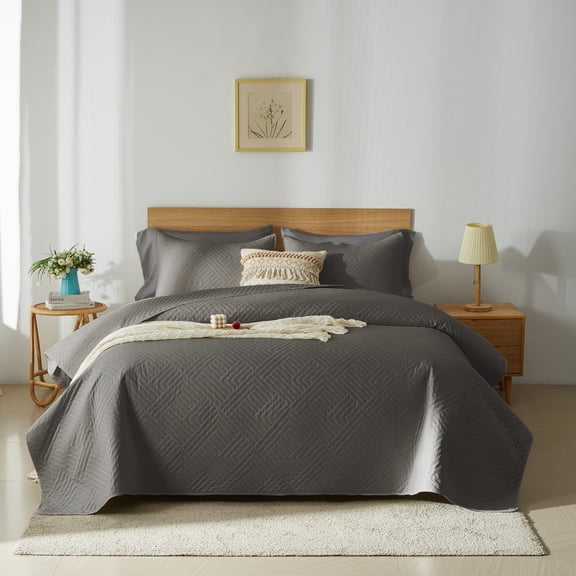 Davulos Ultrasonic Twin Quilt Bedding Set, Lightweight Grey Bedspreads Soft Modern Geometric Coverlet Set for All Seasons (1 Quilt and 1 Pillow Sham)