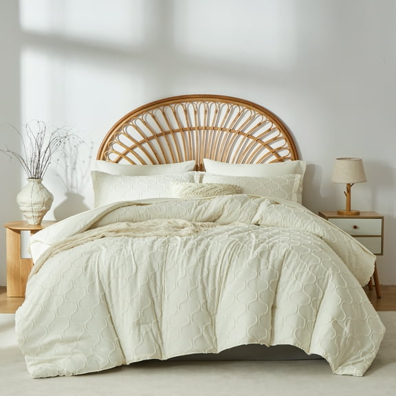 Davulos White Comforter Sets Queen Size ,7 Pieces Boho Bed in a Bag Shabby Chic Bedding Soft Microfiber Farmhouse Bedding Sets, Geometric Comforter and Sheet Set for All Seasons