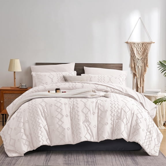 Davulos White Queen Comforter Set,7 Piece Bed in a Bag,Boho Tufted Shabby Chic Bedding for Adult Women Soft Microfiber Vintage Farmhouse All Seasons Bed Set