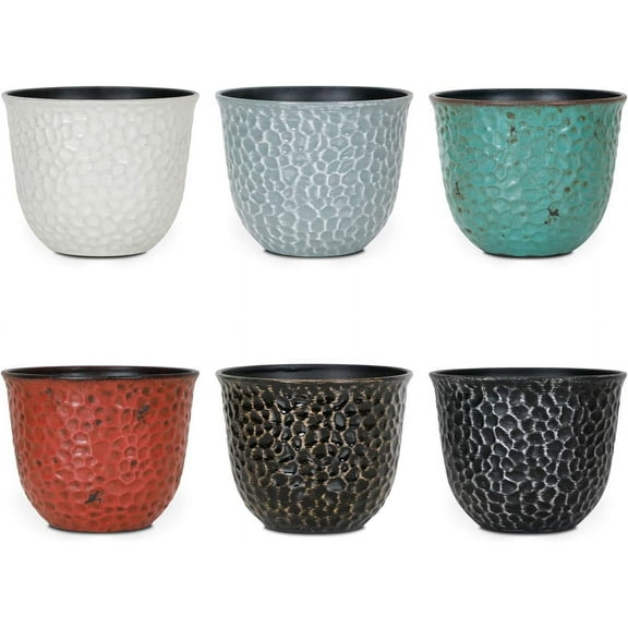 Davyline Plastic Round 8 Inch Planters for Indoor Plants Set of 6 Outdoor Resin Flower Pots Colorful with Drainage Hole Rubber Plug Retro Appearance Home Christmas Decorative Containers Multicolor