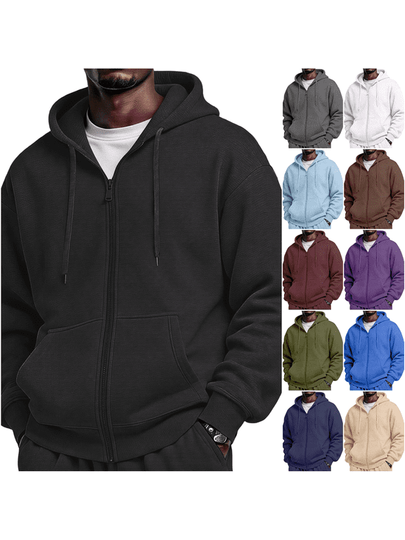 Full Zip Hoodie for Men Solid Color Big And Tall Hooded Sweatshirt Long Sleeve Warm Brushed Lining Kangaroo Pocket Casual Cozy Jacket for Everyday Wear Gym Outdoor