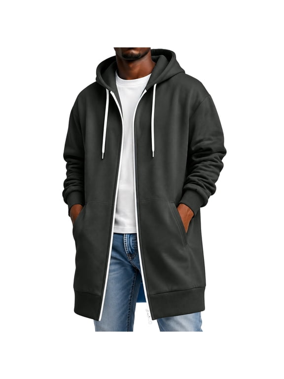 Long Hoodie for Men Plus Size Loose Lightweight Warm Zip Up Jacket long Sleeve Knee Length Hooded Long Sweatshirt Big and Tall Light Full Zip Bomber Jacket with Pockets Hiking Winter Coats