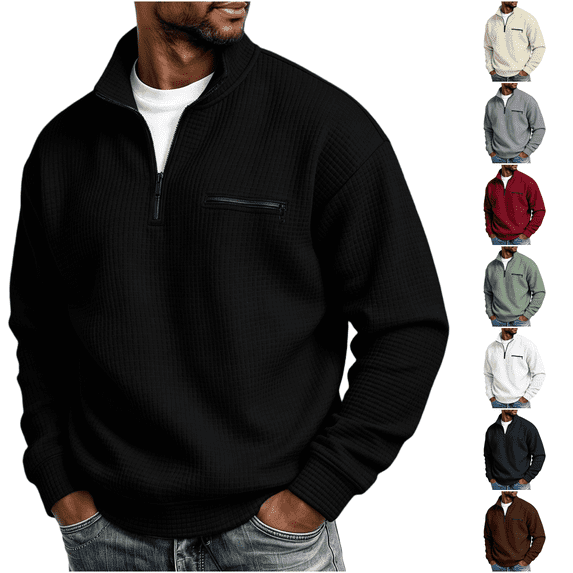 Daweinan Men's Quarter Zip Pullover Waffle Stand Collar Long Sleeve Pullover Sweatshirt with Zipper Chest Design Casual Loose Fit Athletic Workout Top