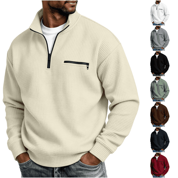 Daweinan Men's Quarter Zip Pullover Waffle Stand Collar Long Sleeve Pullover Sweatshirt with Zipper Chest Design Casual Loose Fit Athletic Workout Top