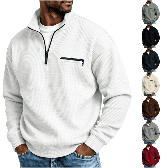 Daweinan Men's Quarter Zip Pullover Waffle Stand Collar Long Sleeve Pullover Sweatshirt with Zipper Chest Design Casual Loose Fit Athletic Workout Top