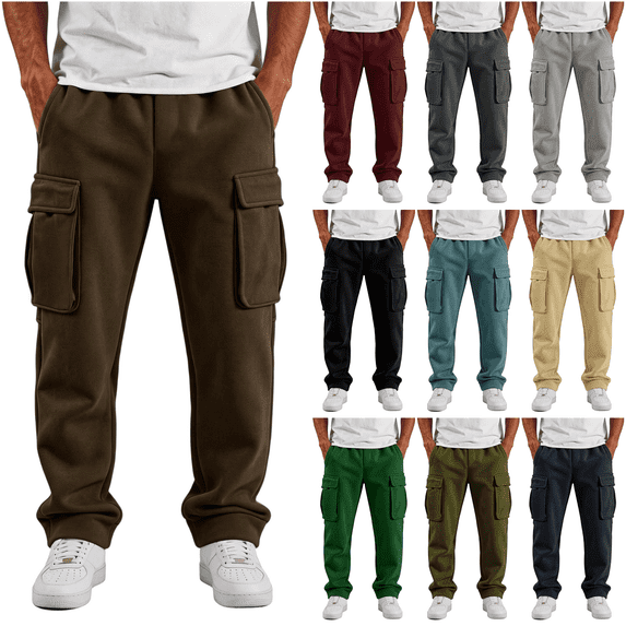 Daweinan Men's Sweatpants 4 Pocket Cargo Straight Leg Warm Brushed Casual Joggers Solid Color for Workout Outdoor Winter Daily Wear