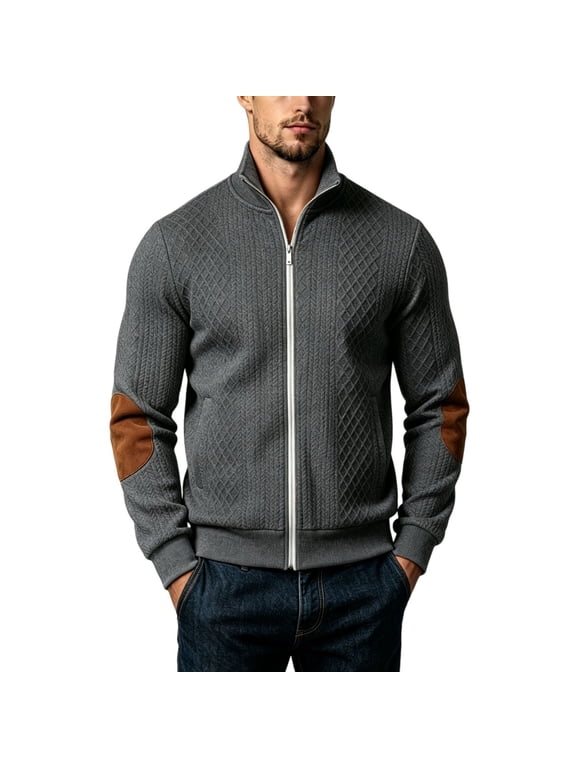 Mens Cardigan Sweater Full Zip Stand Collar Long Sleeve Knitted Textured Jacket with Pockets Elbow Patch Casual Warm Transitional Season Fall Winter Daily Wear