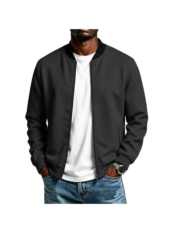 Mens Lightweight Jackets Zip Up Bomber Baseball Collar Full Zip Flight Jacket for Men Solid Casual Classic Windbreaker Long Sleeve with Pockets Outdoor Travel