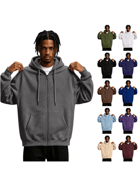 Mens Zip Up Hoodie Oversized Hooded Sweatshirt Full Zipper Long Sleeve Soft Warm Casual Jacket with Pockets Drawstring for Lounge Gym Outdoor Activities