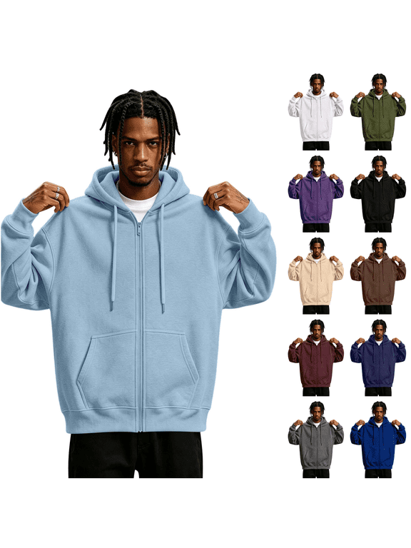 Mens Zip Up Hoodie Oversized Hooded Sweatshirt Full Zipper Long Sleeve Soft Warm Casual Jacket with Pockets Drawstring for Lounge Gym Outdoor Activities