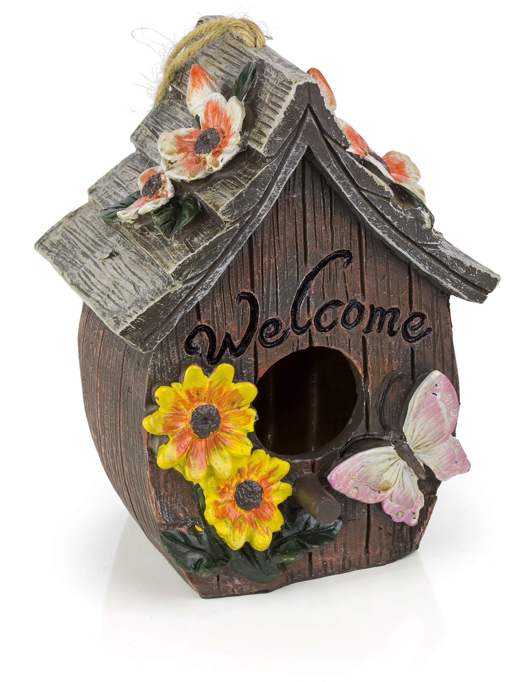 Hand-Painted Polyresin Birdhouse with Butterfly and Flowers Design