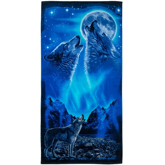 Dawhud Direct | Blue  Towels & Washcloths Wolves Howling Moon Cotton Beach | 1