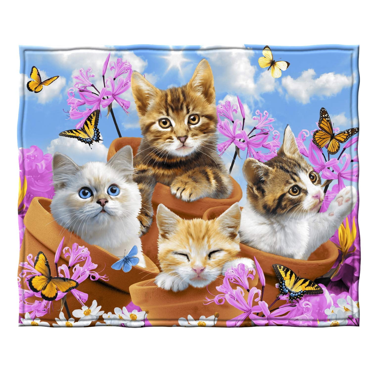 Garden Wonder Kittens Fleece Throw Blanket with Floral Design