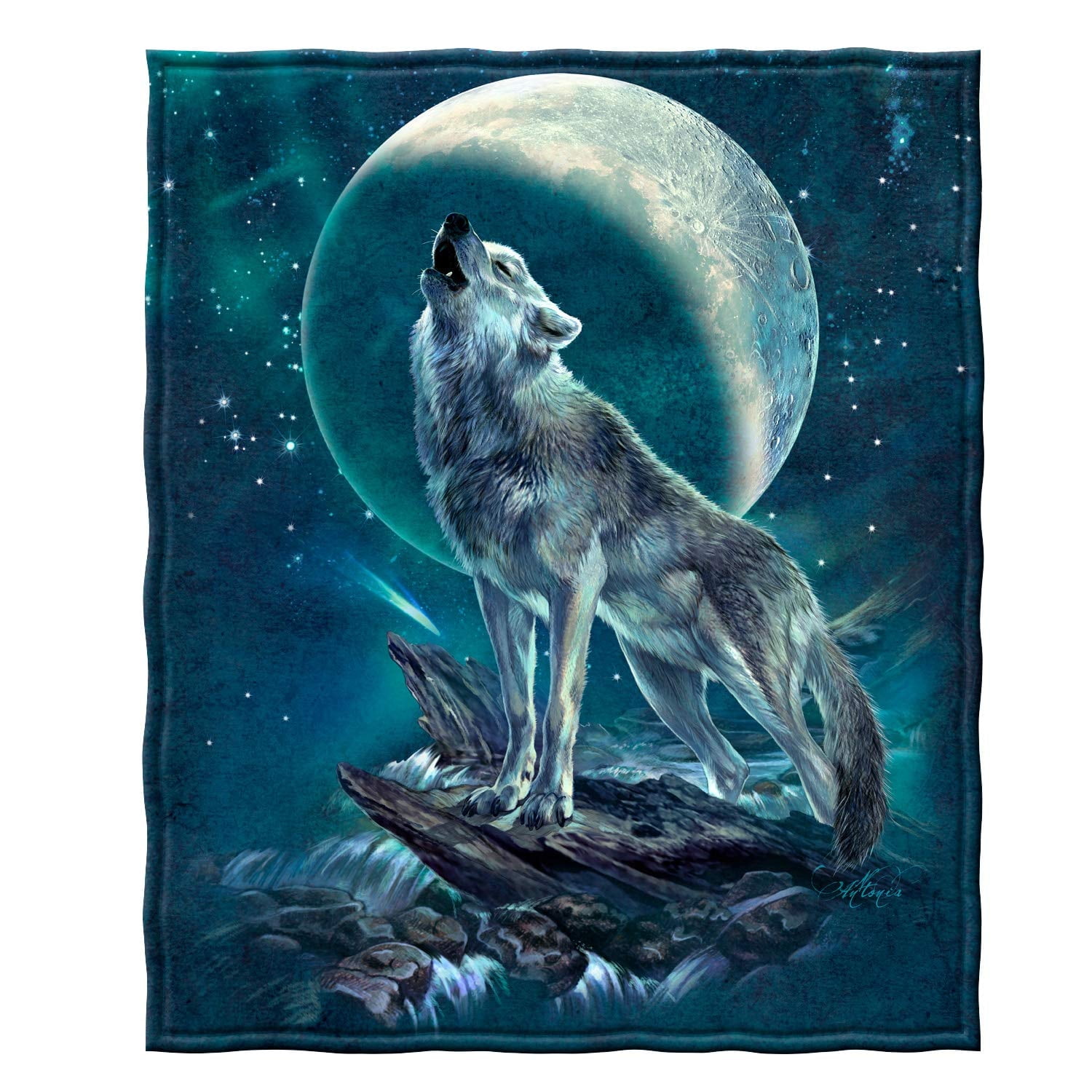 Dawhud Direct Cozy Animal Fleece Blanket Moon Soloist Wolf 50 x 60